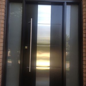 Modern Contemporary Front Entry Door - Frosted Glass and steel plate, Modern Exterior front Door with 2 Side Lites and Multi Point Locks Installed by modern-doors.ca