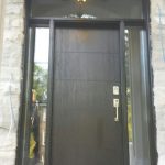 Fiberglass Doors-Modern Woodgrain Fiberglass Door with 2 Clear Side Lites and Transom Installed in Scarborough
