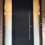 Modern Rustic Woodgrain Fiberglass Entry Door with 2 Frosted Side Lites and Multi Point Locks installed in King City by Modern Doors
