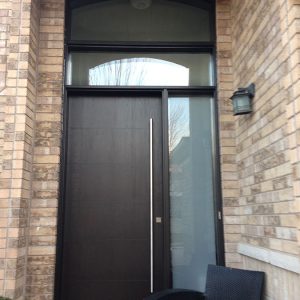 Fiberglass Door-Modern Rustic Woodgrain Fiberglass Door with Frosted Side Lite and Transom Installed in Vaughan