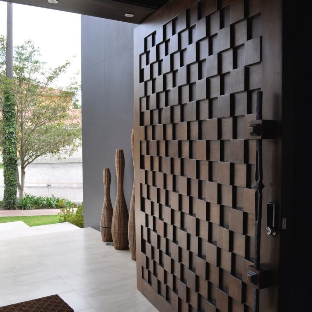 Hand Made Checker Pattern Single Front Entry Door Solid Wood - Modern Doors