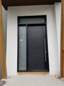 Modern Single Door With Sidelight, Transom Frosted Glass