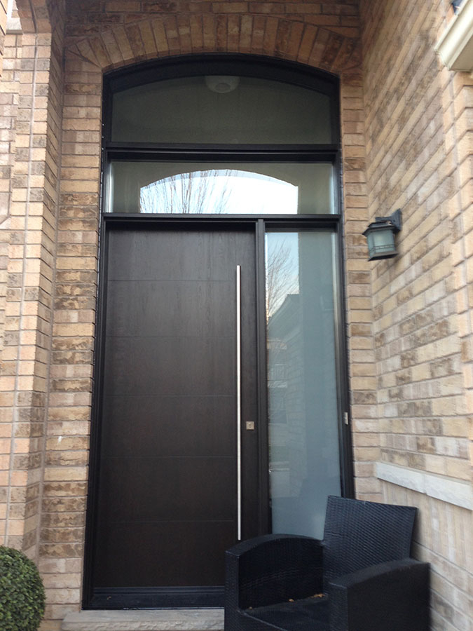 Fiberglass Door-Modern Rustic Woodgrain Fiberglass Door with Frosted Side Lite and Transom Installed in Vaughan