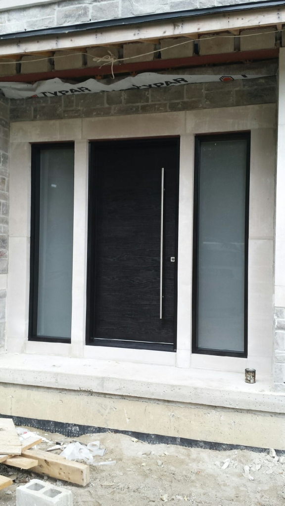 Fiberglass Door-Modern Woodgrain Rustic Fiberglass Doors with Stainless Steel Bar and 2 side lites