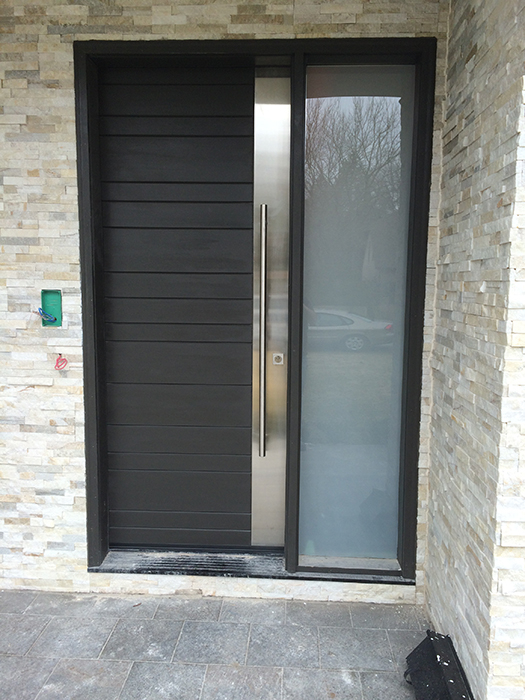 Modern Contemporary Custom Fiberglass Door with Stainless Steel Design-Modern Door available in Wood with horizontal strip installed in Toronto, Ontario by Modern-doors.ca