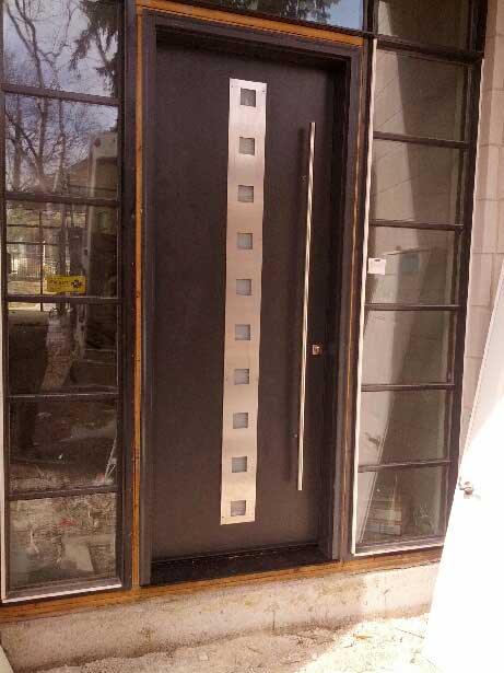 Modern Contemporary Fiberglass Door with Steel Stripes and 2 side lites installed in Toronto, Ontario-by modern-doors.ca-Picture#MED178