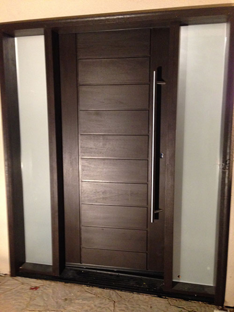 Modern Contemporary Front Entry Door with Frosted Side Lites Installed in Thornhill, Ontario by Modern-doors.ca-Picture#MED117