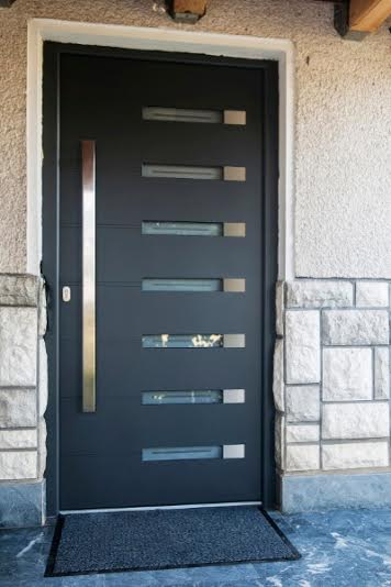 Modern Contemporary Single Fiberglass Door with Horizontal Stripes Installed in Richmond Hill, Ontario by Modern-doors.ca-Picture#169