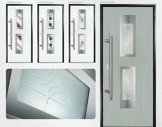 Modern Fiberglass Doors with Stainless Steel Handle and Designed Glass installed n Etobicoke