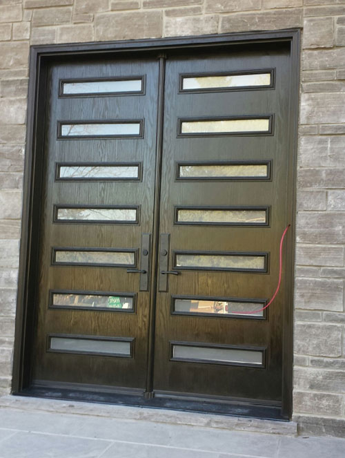 Modern Fiberglass Woodgrain Double Doors with Clear Door Lites and Multipoint Locks