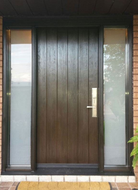 Single Fiberglass Rustic Door with 2 Frosted Side Lites installed in Vaughan by Modern Doors